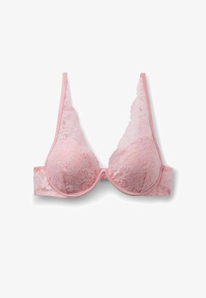 Różowy koronkowy biustonosz z fiszbinami i kwiatowym wzorem, z regulowanymi ramiączkami i falistymi brzegami, prezentowany na białym tle.