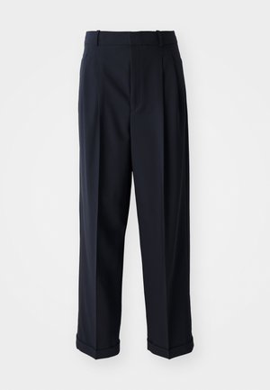 Pantaloni navy a vita alta realizzati in tessuto liscio. Presentano un design a pieghe e orli piegati per un aspetto sartoriale.