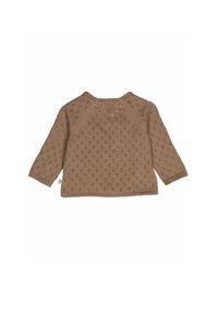 Maglione marrone lavorato a maglia con maniche lunghe, caratterizzato da un motivo testurizzato di piccoli fori e un colletto e orlo a costine.