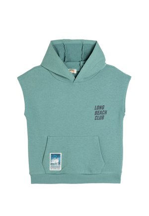 Ærmeløs hættebluse i teal bomuld, med en frontlomme, "LONG BEACH CLUB" trykt i mørkegrå, og et dekorativt bølgepatch.