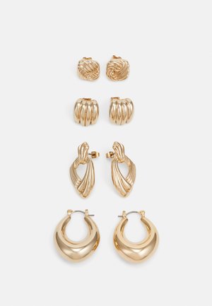 Gold earrings set featuring three styles: textured studs, twisted loops, and smooth hoops, all with varying shapes and intricate designs.