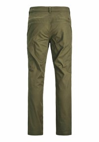 Olive green, cotton-blend trousers with a smooth texture, straight-leg design, and two back pockets. Features a standard waistband.