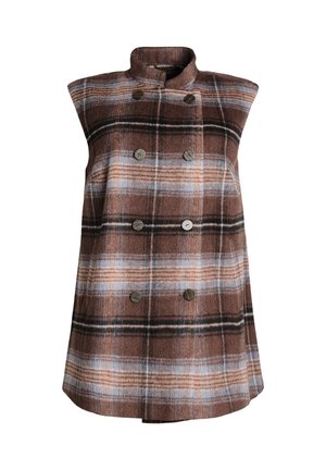 Brown plaid vest with a high collar, double-breasted design, six buttons, and a soft, textured fabric featuring blue and black stripes.