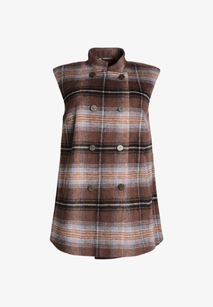 Brown plaid vest with a high collar, double-breasted design, six buttons, and a soft, textured fabric featuring blue and black stripes.