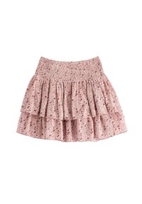 Gonna rosa a balze con cintura smockata, realizzata in tessuto leggero con un motivo floreale in tonalità più scure.