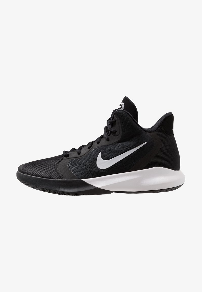 Chaussure de basketball Nike montante noire avec logo swoosh blanc et semelle blanche épaisse, vue de profil.