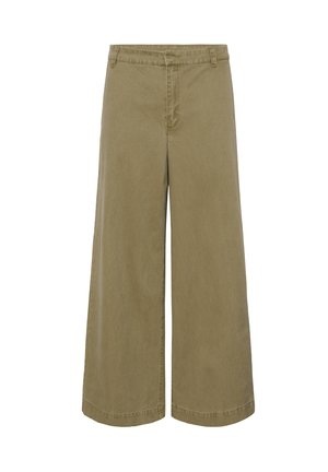 Pantalon à jambes larges en coton vert olive, doté d'une taille mi-haute, d'une fermeture éclair avant et d'un design épuré et minimaliste.