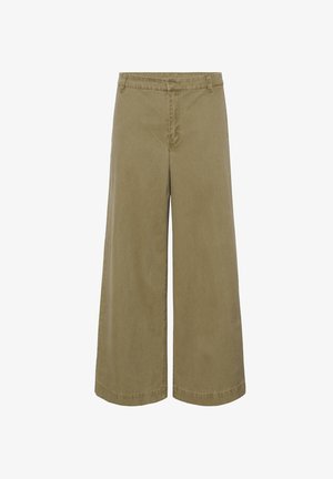 Pantalon à jambes larges en coton vert olive, doté d'une taille mi-haute, d'une fermeture éclair avant et d'un design épuré et minimaliste.