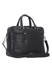 Cartella nera in pelle con doppie maniglie, tracolla rimovibile, scomparto principale con zip e tasca frontale. Superficie testurizzata con accessori lucidi.