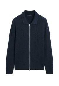Maglione a costine blu navy con zip, maniche lunghe e collo aperto.