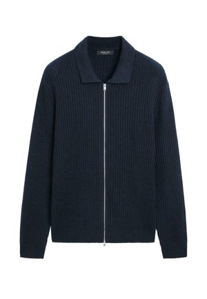Navy blue ribbed knit zip-up sweater with long sleeves and a spread collar.
