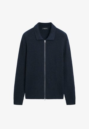 Navy blue ribbed knit zip-up sweater with long sleeves and a spread collar.