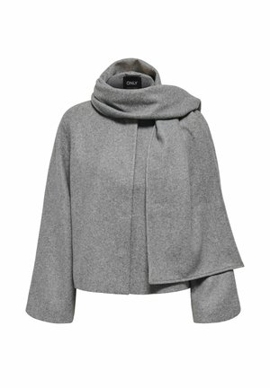 Giacca in misto lana grigia con collo sciallato e sciarpa abbinata, caratterizzata da maniche ampie e un design con apertura frontale.