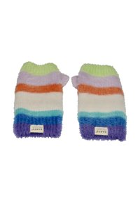 Colorful fingerless gloves made of soft, fluffy material. Features horizontal stripes in green, purple, orange, white, light blue, and dark blue.