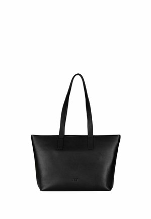 Schwarze Ledertasche mit zwei langen Henkeln und einem kleinen geprägten Logo, das nahe der unteren Vorderseite zentriert ist.