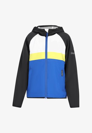 Blå og sort vindjakke med en hvid og gul stribe på tværs af brystet, hætte, lynlåslukning og sidelommer.