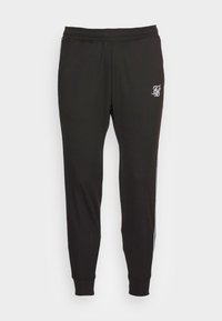Black jogger pants made of lightweight fabric, featuring a fitted design with a white logo on the left thigh and side stripe detailing.