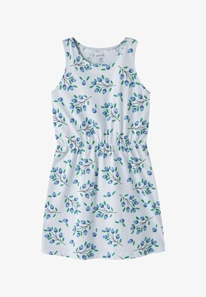 Robe sans manches bleu clair avec une taille élastique et un motif de baies bleues et de feuilles vertes sur des branches.