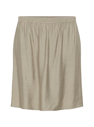 Lichtbeige, knielange rok gemaakt van gestructureerde stof met een elastische tailleband, met een gladde oppervlakte en zonder zichtbare patronen.