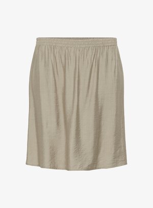 Lichtbeige, knielange rok gemaakt van gestructureerde stof met een elastische tailleband, met een gladde oppervlakte en zonder zichtbare patronen.