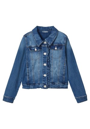 Chaqueta de mezclilla azul con mangas largas, botones plateados en la parte delantera, dos bolsillos en el pecho y detalle ligeramente desgastado.