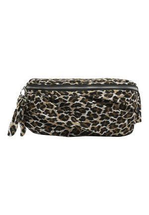 Rektangulær lynlåspung med brun, sort og hvid leopardprintstof og en lille stofsløjfe på siden.