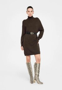 Rjava pletena obleka z visokim ovratnikom, stisnjena v pasu s črnim pasom z zlato zaponko, kombinirana z vzorčastimi škornji do kolen.