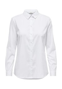 Camicia bianca a maniche lunghe in tessuto morbido, con colletto classico, chiusura con bottoni a tutta lunghezza e orlo curvo. Design semplice e pulito.