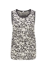 Černý top bez rukávů s bílým květinovým vzorem. Vyrobeno z lehkého materiálu s kulatým výstřihem a kontrastním lemem.