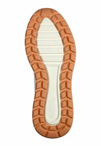 Schuhsohle mit strukturiertem Design, überwiegend weiß mit einer helloranen Außensohle, die ein Zickzackmuster für besseren Halt aufweist. Größe 37 markiert.