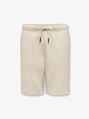 Shorts en coton beiges avec une taille élastique, un cordon de serrage ajustable et des poches latérales. Texture lisse et coupe au genou.
