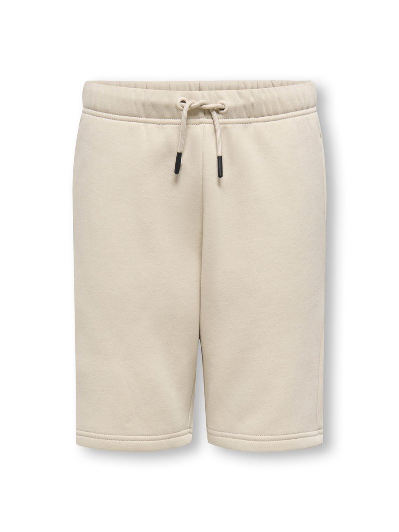 Beige bomuldsshorts med elastisk talje, justerbar snor og sidelommer. Glat tekstur og knælængde.