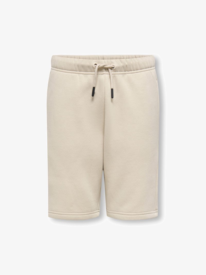 Beige bomuldsshorts med elastisk talje, justerbar snor og sidelommer. Glat tekstur og knælængde.
