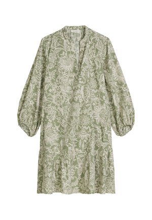 Robe vert clair jusqu'aux genoux avec un motif floral blanc, des manches longues bouffantes froncées et un col en encoches.