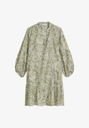 Light green knee-length dress with white floral pattern, long gathered balloon sleeves, and a notch neckline.