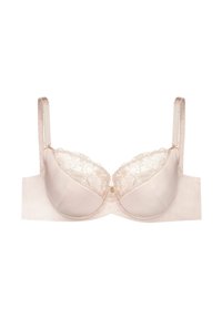 Beżowy stanik z koronkowymi zdobieniami u góry miseczek, gładki materiał, wsparcie w postaci fiszbin, regulowane satynowe ramiączka oraz zapięcie na haftkę z tyłu.
