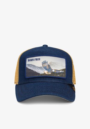 Gorra de tela azul marino con parte trasera de malla beige. Presenta un parche rectangular con un águila y el texto "NACIDO LIBRE". Visera curva, superficie texturada.