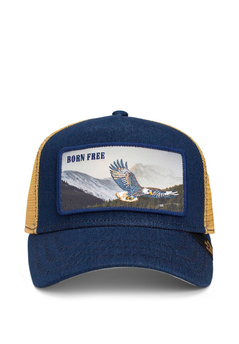 Gorra de tela azul marino con parte trasera de malla beige. Presenta un parche rectangular con un águila y el texto "NACIDO LIBRE". Visera curva, superficie texturada.