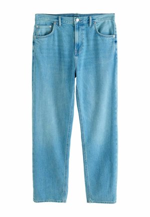 Light blue straight-leg denim jeans with front pockets, belt loops, button closure, and classic five-pocket styling.