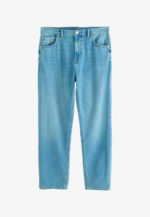 Jean en denim bleu clair à jambes droites avec poches avant, passants pour ceinture, fermeture par bouton et style classique à cinq poches.
