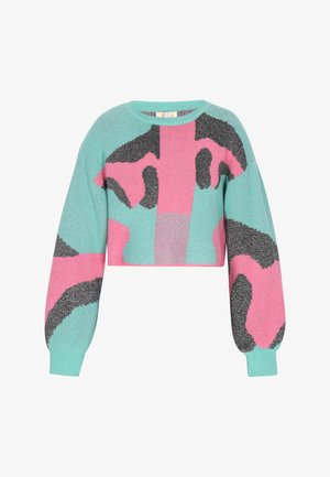 Kvačkana kratka jopica, svetlo modra z roza in črnimi abstraktnimi vzorci, rebrasti manšeti in okroglim izrezom. Mehka tekstura.