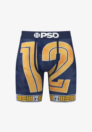 Boxers en jersey bleu marine avec un grand design jaune "12", texture en maille, et une ceinture en logo PSD blanche. Présente un détail de rayures horizontales au niveau de l'ourlet.