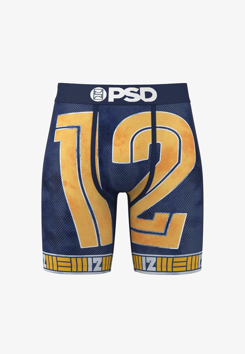 Námořnické boxerky s velkým žlutým designem "12", síťovanou strukturou a bílým logem PSD na pasu. Obsahují detail s horizontálními pruhy na lemu.