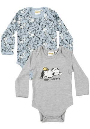 Two long-sleeve baby bodysuits; one light blue with black and white Snoopy patterns, one gray with a sleeping Snoopy and "sleep society" text.