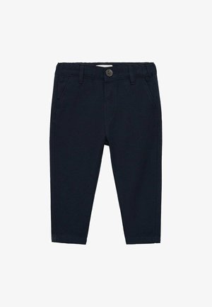 Pantaloni din bumbac bleu marin cu o croială slim, cu închidere prin buton, buzunare frontal, și detalii subtile de cusătură.