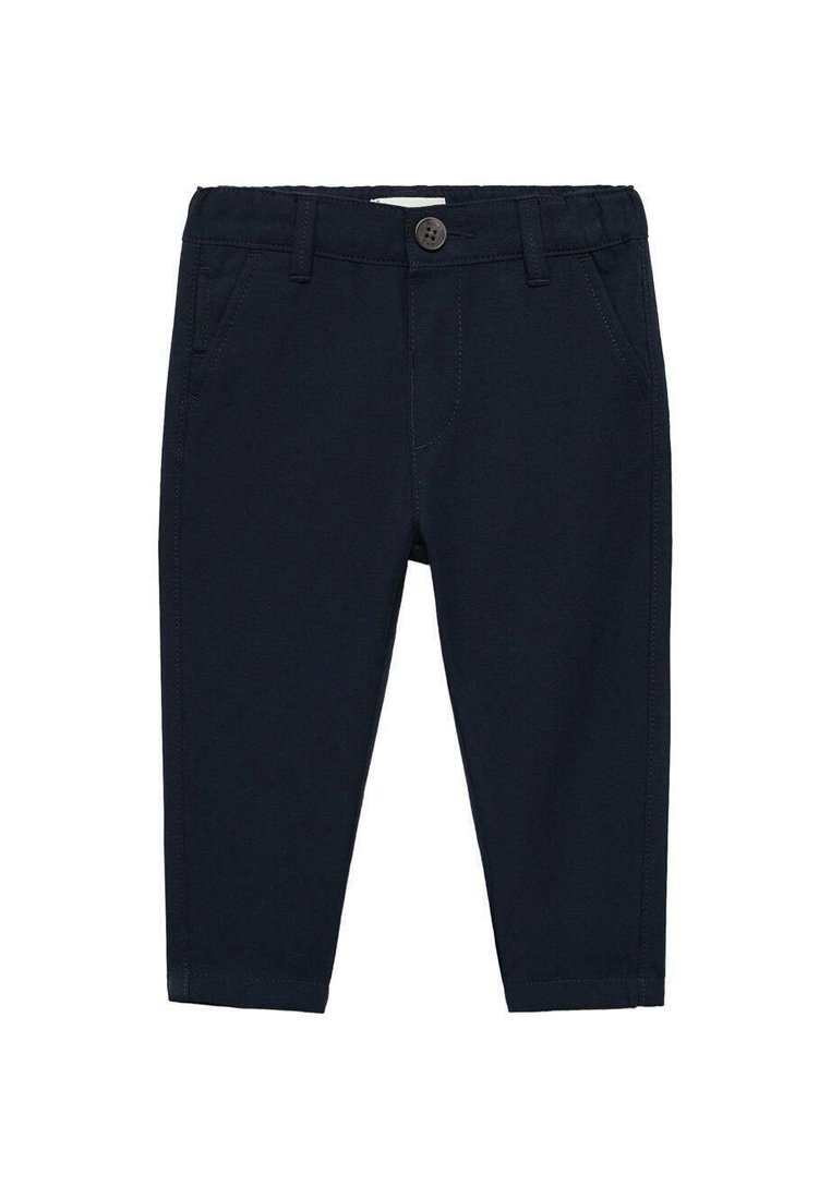 Mornarsko modri bombažni hlače s slim fit krojem, z gumbom za zapiranje, sprednjimi žepi in diskretno oshitjem.