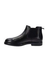 Stivale Chelsea nero in pelle liscia con pannelli laterali elasticizzati. Presenta una punta rotonda e una suola in gomma sottile per un aspetto elegante.