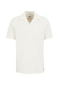 Pikétröja med korta ärmar i off-white bomull, med krage, en liten bröstficka och avslappnad passform. Slät textur och minimalistisk design.