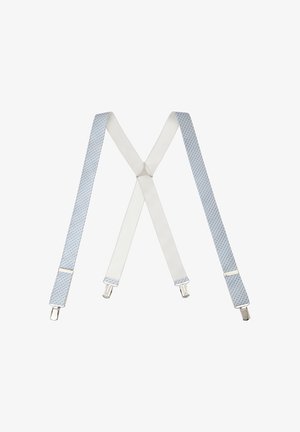 Verstellbare Hosenträger mit weißen elastischen Bändern und hellblauem gemustertem Stoff, ausgestattet mit Metallclips an beiden Enden zum Befestigen.