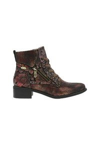 Bottines brunes avec motif floral, en cuir texturé, à lacets à l'avant, fermeture éclair sur le côté et talon épais. Les détails incluent des coutures contrastées.